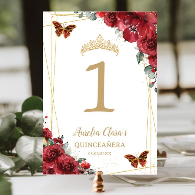Numeração De Mesa Quinceañera Birthday Red Floral Borboletas Dourada (Criador carregado)