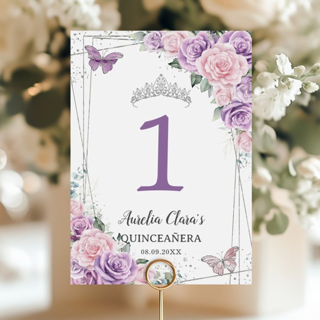 Numeração De Mesa Quinceañera Birthday Roxo Lilás Pálido Rosa Floral (Criador carregado)