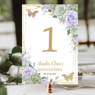 Numeração De Mesa Quinceañera Birthday Sage Green Purple Rosa Floral