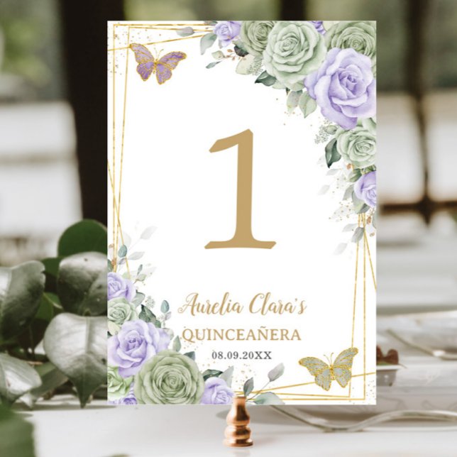 Numeração De Mesa Quinceañera Birthday Sage Green Purple Rosa Floral (Criador carregado)