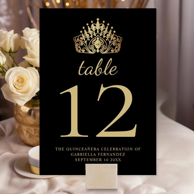 Numeração De Mesa Quinceañera Black e Dourada Princesa Tiara Crown (Criador carregado)