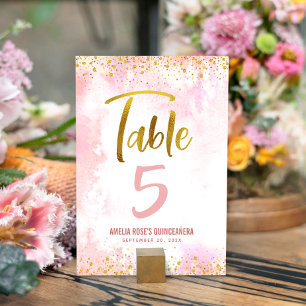 Numeração De Mesa Quinceañera Blush Pink Aquarela Dourada