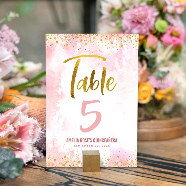 Numeração De Mesa Quinceañera Blush Pink Aquarela Dourada (Criador carregado)