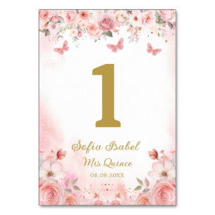 Numeração De Mesa Quinceañera Blush Rosa Rosa Floral Borboleta