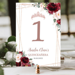 Numeração De Mesa Quinceañera Burgundy Blush Rosa Floral Dourada