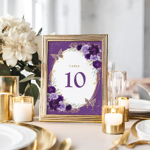 Numeração De Mesa Quinceanera Dourada Roxa Borboleta Floral Aniversá