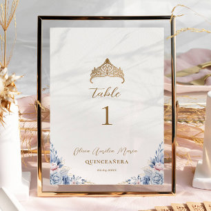 Numeração De Mesa Quinceañera Floral Azul Tiara Dourada Elegante