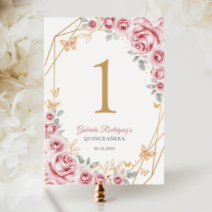 Numeração De Mesa Quinceanera Floral Dourada rosa