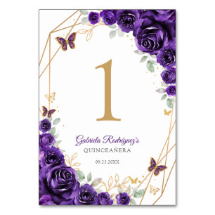 Numeração De Mesa Quinceanera Floral Dourada Roxa