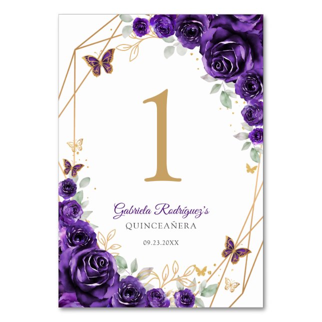 Numeração De Mesa Quinceanera Floral Dourada Roxa (Frente)