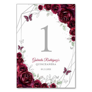Numeração De Mesa Quinceanera Floral Prata Borgonha