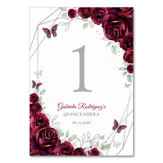 Numeração De Mesa Quinceanera Floral Prata Borgonha (Frente)