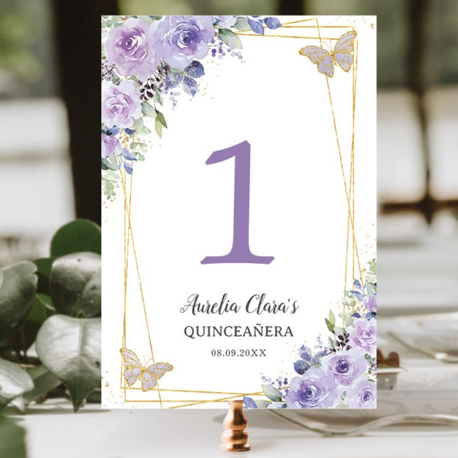Numeração De Mesa Quinceañera Purple Lilac Borboletas Douradas (Criador carregado)