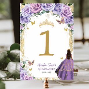 Numeração De Mesa Quinceañera Purple Lilac Floral Dourada Vestido