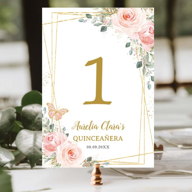 Numeração De Mesa Quinceañera Rosa Flores Borboletas Douradas (Criador carregado)