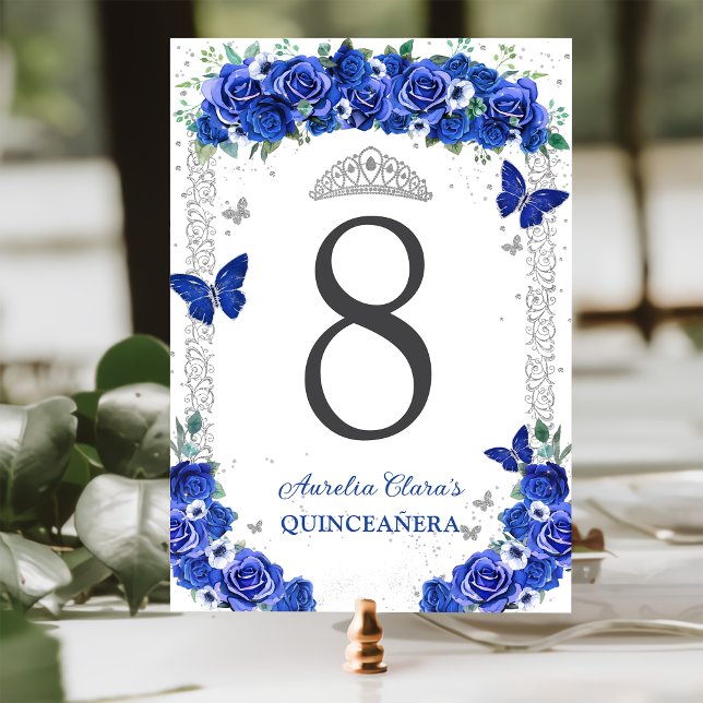 Numeração De Mesa Quinceañera Rosas Florais Borboletas Prateadas (Criador carregado)
