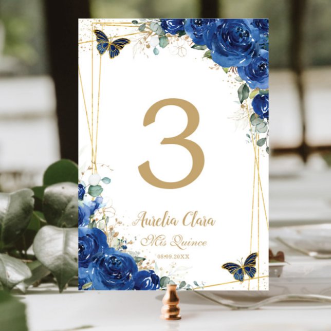 Numeração De Mesa Quinceañera Royal Blue Borboletas Douradas (Criador carregado)