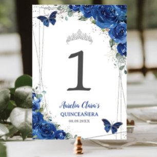 Numeração De Mesa Quinceañera Royal Blue Floral Borboletas