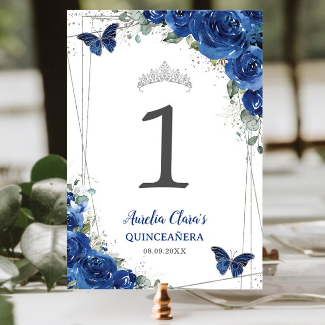 Numeração De Mesa Quinceañera Royal Blue Floral Borboletas (Criador carregado)