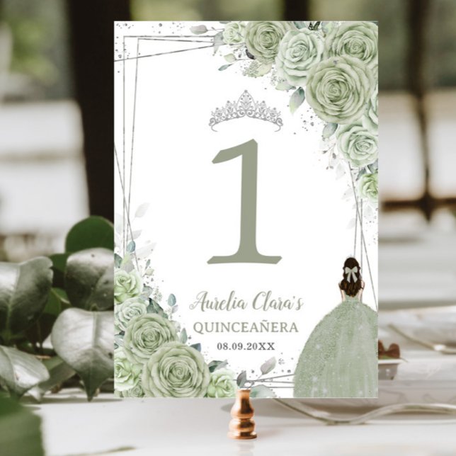 Numeração De Mesa Quinceañera Sage Green Floral Garota (Criador carregado)