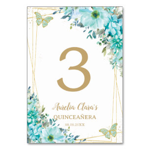 Numeração De Mesa Quinceañera Turquoise Azul Borboletas Douradas