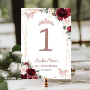 Numeração De Mesa Quinceañera XV 16 Burgundy Blush Rosa Floral Doura