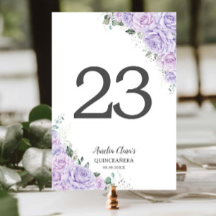 Numeração De Mesa Quinceanera XV Lilases Roxas Florais Prata