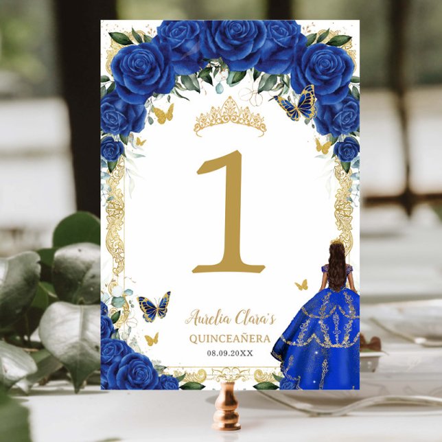 Numeração De Mesa Quinceañera XV Real Dourada Floral Azul Vestida (Criador carregado)