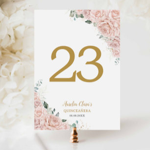 Numeração De Mesa Quinceanera XV Rosas Cor-de-Rosa Floral Dourado
