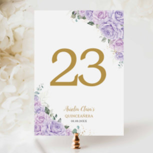 Numeração De Mesa Quinceanera XV Roxo Lilás Rosas Floral Dourado
