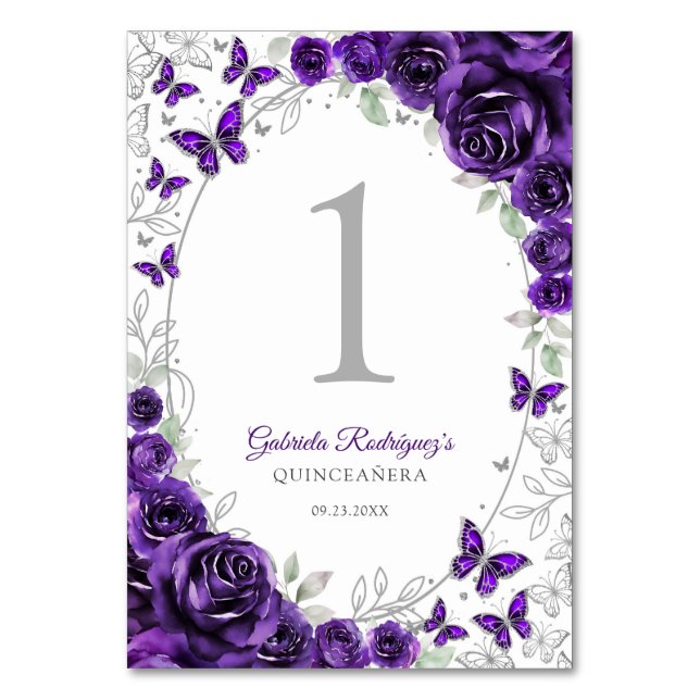 Numeração De Mesa Quinze Anos Floral Prata Roxo (Frente)