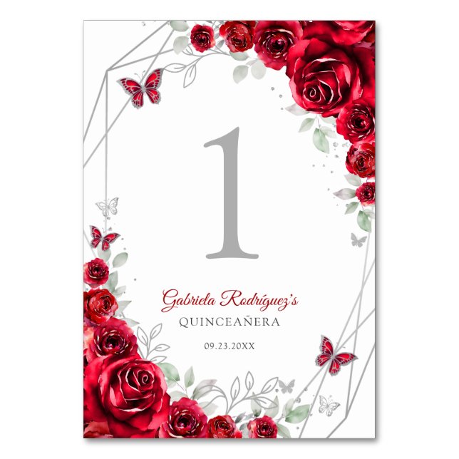 Numeração De Mesa Quinze Anos Floral Vermelho Prata (Frente)