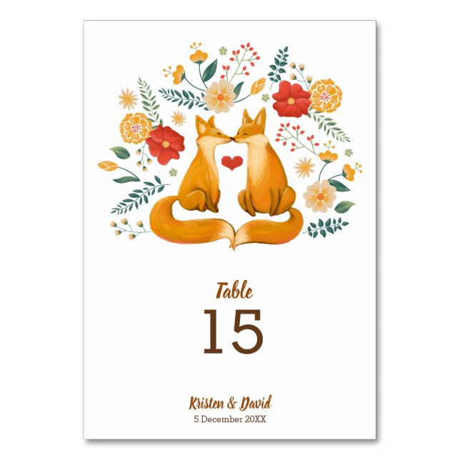 Numeração De Mesa Raposas Românticas e Casamento de Folhagem Floral  (Frente)