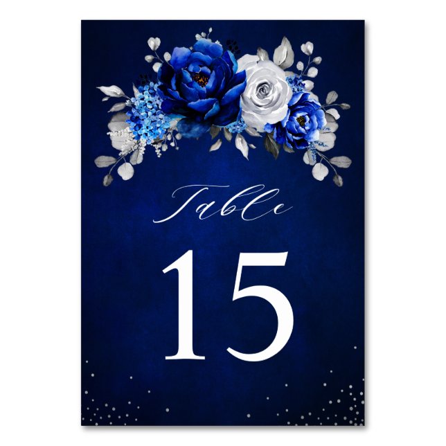 Numeração De Mesa Real Blue White Silver Casamento Floral Metálico T (Frente)