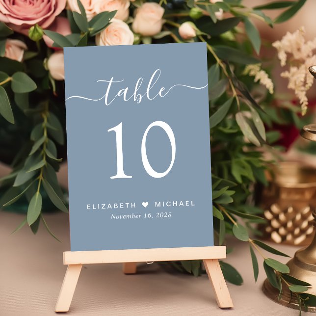 Numeração De Mesa Recepção de Casamento Chic Script Azul Empoeirado (Criador carregado)