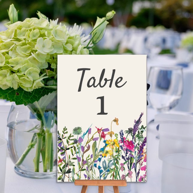Numeração De Mesa Recepção de Casamento com Flores Silvestres em Aqu (Watercolor wildflowers vertical wedding reception table number)