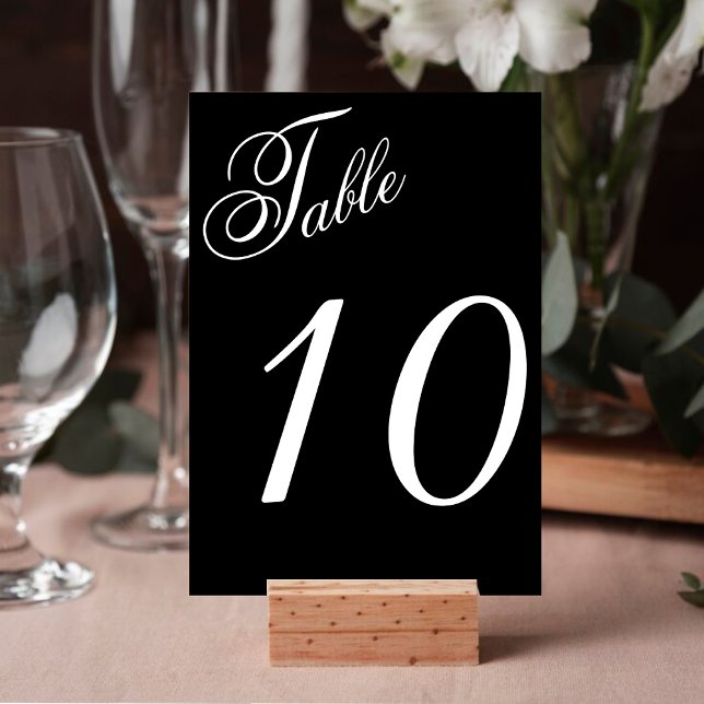 Numeração De Mesa Recepção de casamento de Script Elegante Preto e B (Black & White Elegant Script Wedding Reception Table Number)