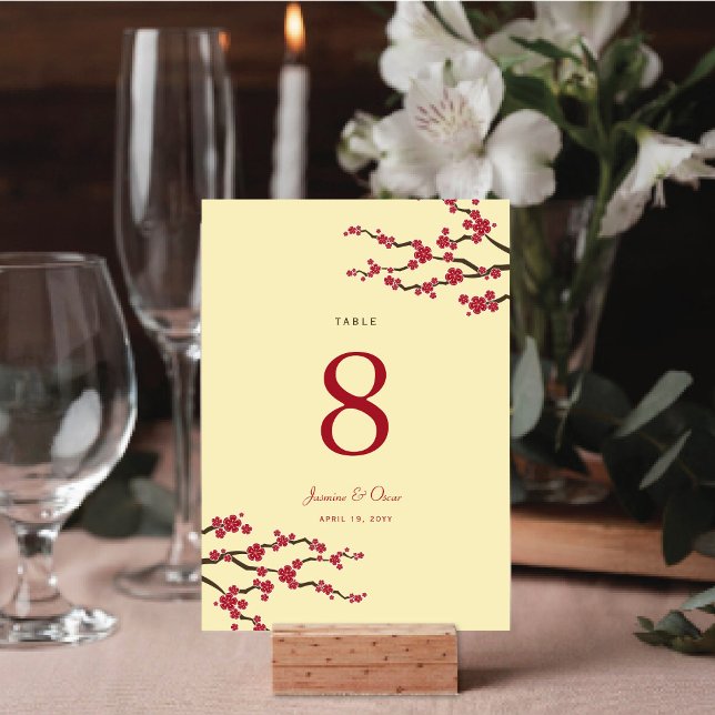 Numeração De Mesa Red Cherry Blossoms Sakura Flores Asiáticos Casame (Red/Cream Cherry Blossoms Sakura Flowers Elegant Asian Wedding Table Number Card @ fat_fa_tin)