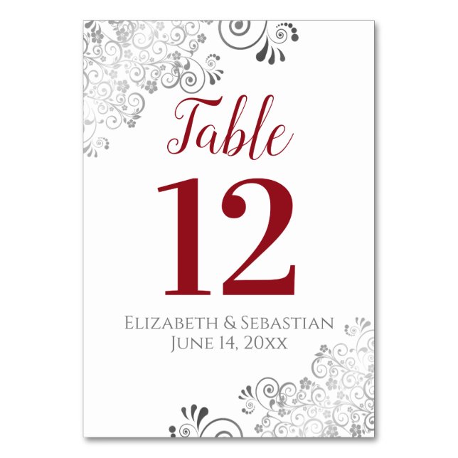 Numeração De Mesa Red on White Elegant Frilly Wedding (Frente)
