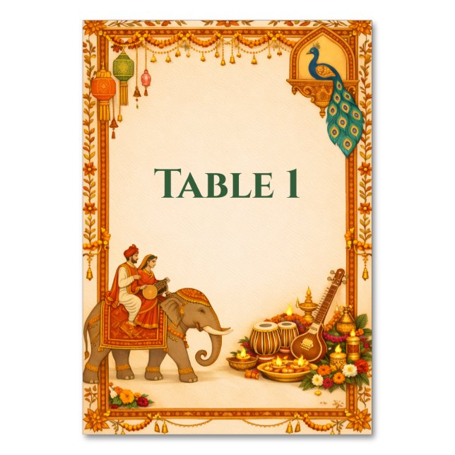 Numeração De Mesa Regal Indian Wedding Table Number Card | Gold  (Frente)