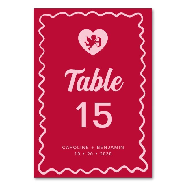 Numeração De Mesa Retro Fun Wavy Frame Red Pink Cupid Wedding (Frente)