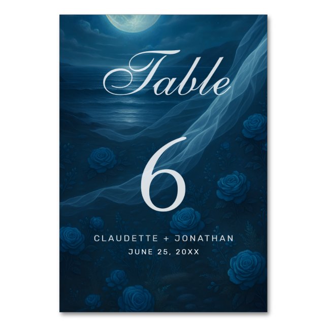 Numeração De Mesa Romantic Blue Moonlit Beach Wedding (Frente)