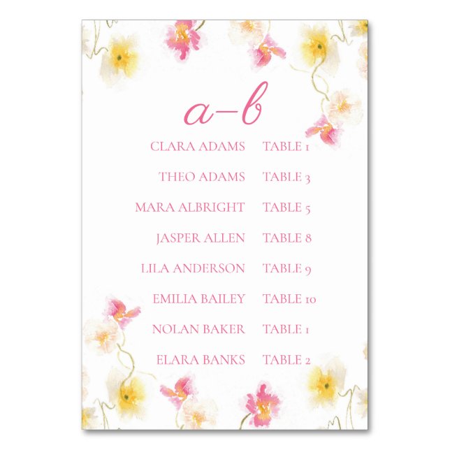 Numeração De Mesa Romantic Pink Floral Alphabet Seating Chart Card (Frente)