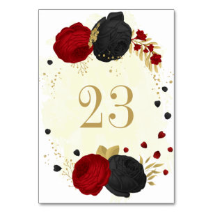 Numeração De Mesa Romântico vermelho & preto flores dourado casament