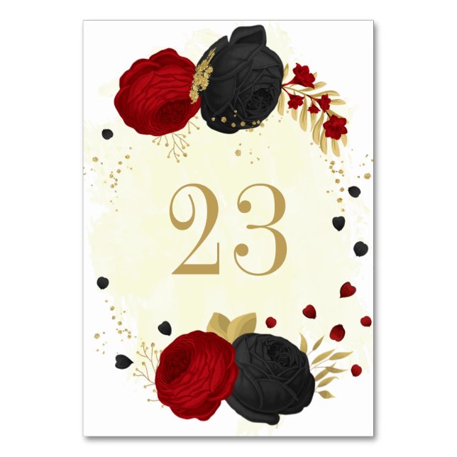 Numeração De Mesa Romântico vermelho & preto flores dourado casament (Frente)