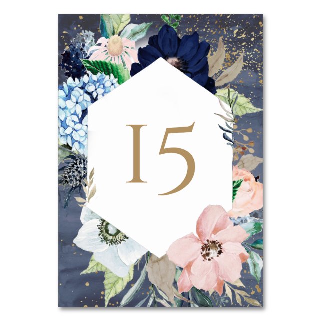 Numeração De Mesa Rosa Água Azul Desbotada Floral Dourada (Frente)