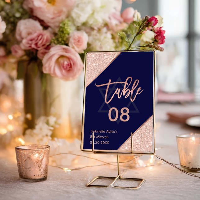 Numeração De Mesa Rosa Chic Dourado Marinho Azul Bat Mitzvah (Elegant Chic Rose Gold Navy Blue Bat Mitzvah Table Number)