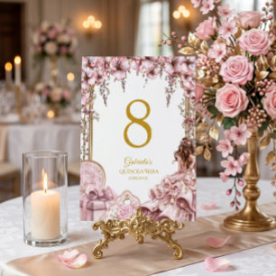 Numeração De Mesa Rosa Corado Tiara Floral Dourada Quinceañera
