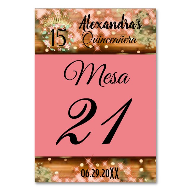 Numeração De Mesa Rosa de espumante Dourada Quinceañera Princess (Frente)