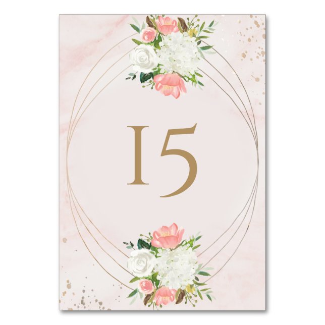Numeração De Mesa Rosa Desmaiado e Floral Aquarela Dourada (Frente)